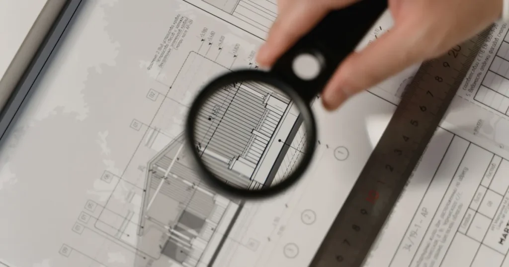 Hands holding a magnifying glass and ruler over architectural floor plans