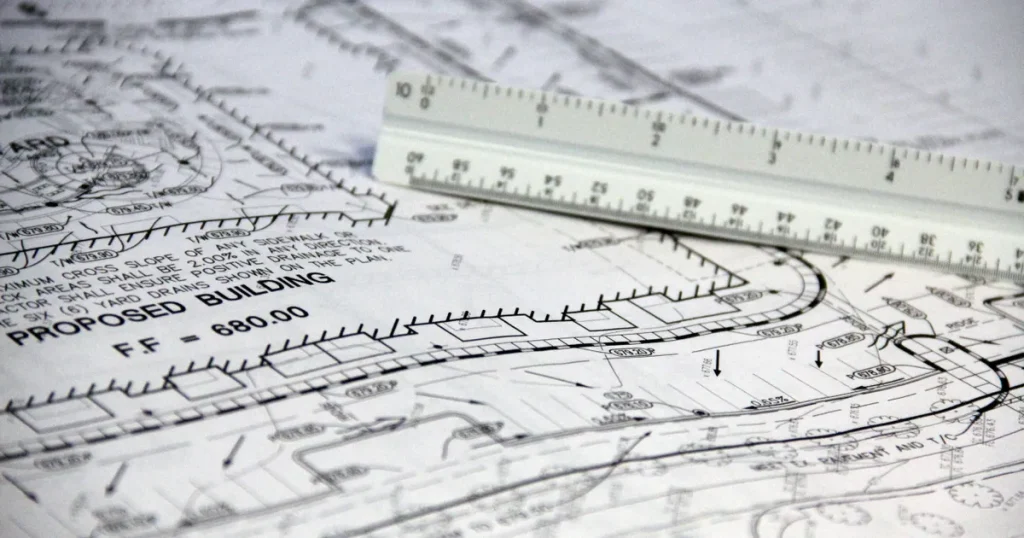 Architect's site plan with a white scale ruler, for an SEO audit checklist