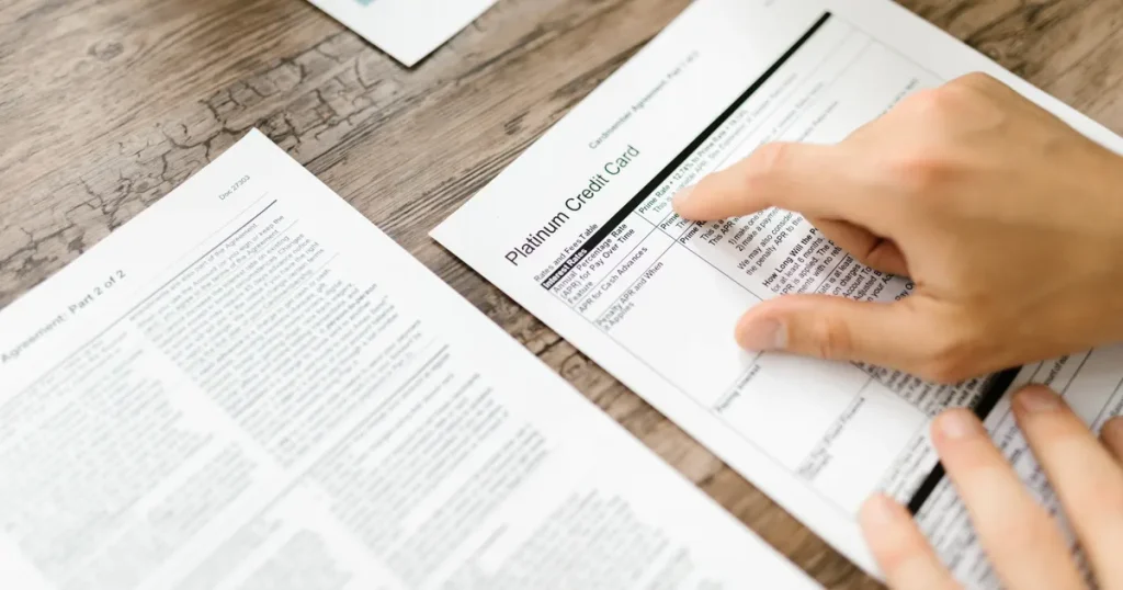 UDAAP review: a hand points to the rates and fees table in a credit card agreement